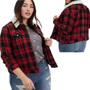Torrid Jacket 1X Buffalo Plaid Sherpa Collar Red Black Trucker Style Crop Cozy